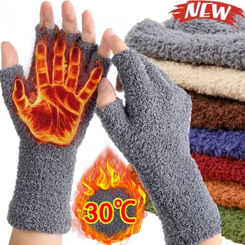 1Pair Coral Fleece Mănuși de Degete Femei Fete Solid Touchscreen Manusa de Iarna de Cald Îngroșa Pluș Jumătate Scris Deget Mănuși
