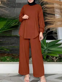 2 BUC Moda Bluza cu Maneci Lungi Pantaloni Largi Picior Costume ZANZEA Femeile Musulmane Seturi Islamic Pânză Casual Solid Ramadan Turcia Outifits