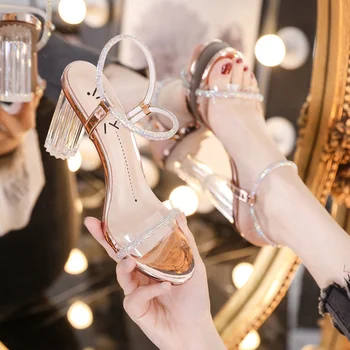 2022 Sandale Femme PVC Jeleu Stras Sandale Sandale Tocuri inalte Femei Transparent Rotund Pantofi cu Toc Zapatos De Mujer