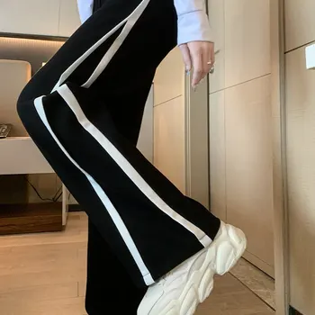 2023 Casual Drept-Picior Talie Înaltă Decora Partea Costum Cu Dungi Pantaloni Largi Picior De Sex Feminin Toamna Iarna Vrac Pantaloni Sport Femei