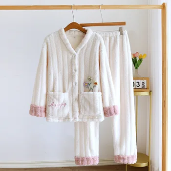 2023 Iarna Flanel Pijama Seturi Pentru Femei Îngroșa Tipărite Cald Drăguț Cu Maneci Lungi Pantaloni Două Bucată De Coral Fleece Acasă Blana Femei Costum