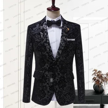 2023 Mai Recente Black Jacquard Design Floral Costum Bărbați Croitor-A Făcut Fracul Sacou Casual, Petrecere De Nunta Mirele Costum Homme Sacou Haina