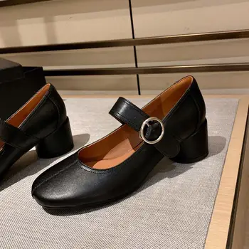 2023 New Sosire Din Piele Femei Pantofi Cu Toc Rotund Toe Naveta De Moda Primavara-Vara Toc Gros Pantofi Ușor De Mers Pe Jos
