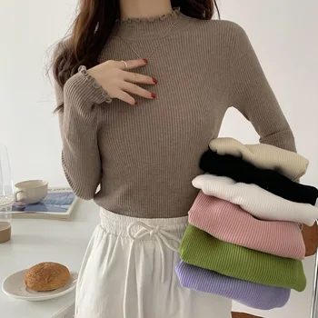2023 Primăvară De Moda De Iarnă Versiunea Coreeană Subțire Pulover Femei Guler Ruched High Solid Elastic Sexy Tricotate Pulover Ins Maree