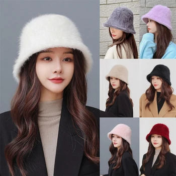 2023 Pălărie de Iarnă de Moda pentru Femei Culoare Solidă Moale de Blană Pălărie Găleată cu Capac Pescar Pălărie Retro Tricotate Bazinul Găleată Pălărie Accesorii