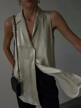 2023 Vara Toamna Femei Elegante fără Mâneci V-neck Solid Silk Shirt Doamnelor Rezervor Bluza Topuri Pentru Femei