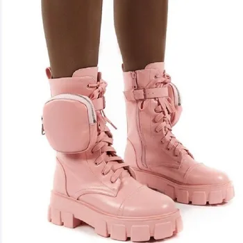 2023 Înaltă Calitate Pantofi pentru Femei Dantelă Sus Cizme pentru Femei Toamna Rotund Deget de la picior Solid Mijlocul Butoi Indesata Toc Cizme de Moda Zapatos