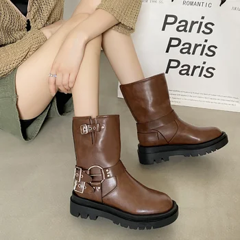 2023 Înaltă Calitate pentru Femei Pantofi Slip-on Cizme pentru Femei de Moda Rotund Toe Birou și Cariera Noua Catarama Cizme Jumătatea Vițel Zapatos