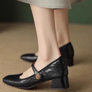 2024 Primavara-Vara Noi de Moda Elegant Square Toe Toc Gros pentru Femei Pantofi Casual Catarama Superficial Gura Respirabil Tocuri inalte