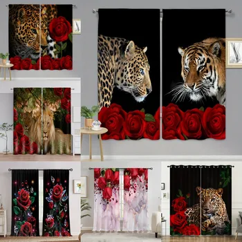 2panels Roșu Romantic Floral Imprimat Leopard Crescut Perdele Safari Animal Sălbatic Draperii pentru Ferestre Jumătate Draperii Pentru Dormitor