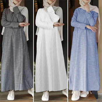 50JB Femeile Musulmane Lenjerie de pat din Bumbac a-Line Rochie Maxi cu Maneci Lungi cu Dungi Vintage Abaya Turcia Hijab Halat Islamic Rochie Kaftan