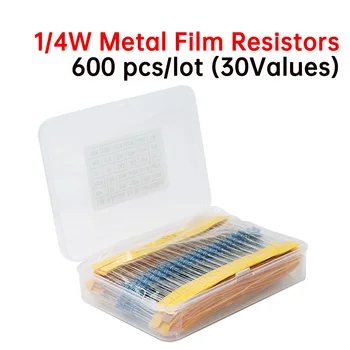 600 buc/lot (30 de Valori x 20 buc) 1% 1/4 W Rezistențe Pack Set Diy Metal Film Rezistor kit de Culoare Inel de Rezistență (10 R ~1 M ohm)