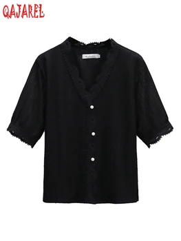 Alba Tricotata Cu Maneci Scurte Din Dantela V-Neck Bluze Femei Vara Solid, Elegant, Casual, Top Haine 2023 Moda Coreeană Bodycon Tricouri