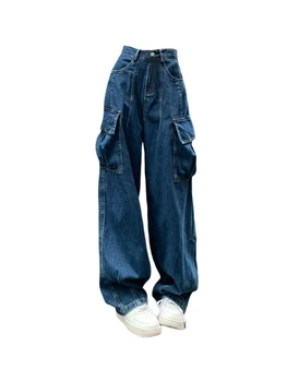 American Retro Umflat Buzunarele Spălate Denim Pantaloni Casual Streetwear Talie Mare Bază de Maree Pantaloni 2000 Estetice Harajuku
