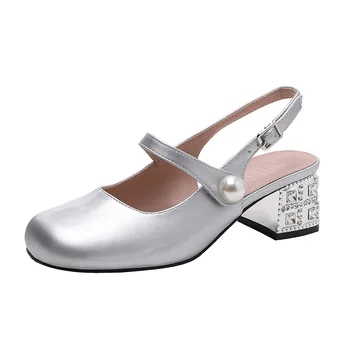 Argint Mary Janes Cristal Toc Pantofi pentru Femei Pantofi de Mari Dimensiuni 31-43 Tocuri Joase Spatele Gol, Pantofi Femei