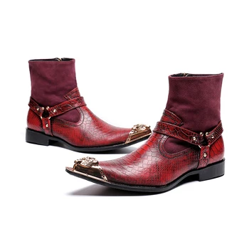 Autentice din Piele de culoare roșie zip alunecare-pe glezna cizme de moda cu toc mic oxford model animal nit Martin cizme barbati dimensiune 38-46