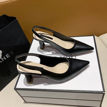 Baotou spate gol sandale tocuri inalte femei toc gros 2023 primăvară noul single pantofi a subliniat deget de la picior negru pantofi cu tocuri înalte
