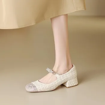 BCEBYL Summer Square Toe Toc Gros Sequin Arc Sandale de Moda Nou Elegant Casual cu Toc mic pentru Femei Pantofi Zapatos Mujer