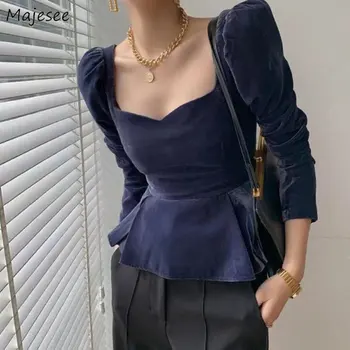 Birou Doamnă Bluze Femei Pătrat Guler Elegant de Moda All-meci Stil francez de Epocă Simplu Tânăr de Toamnă Moale Puf Maneca Chic