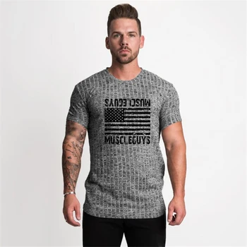 Bărbați Respirabil Elastic cu Mânecă Scurtă, 0-neck T-shirt Sala de Culturism de Funcționare Sport Dungă Topuri de Vara Tricotate Haine de Fitness
