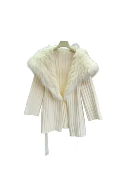 Cardigan haina rever scurt slim-fit versiune de culoare solidă guler de blană design cald și confortabil 2023 toamna/iarna