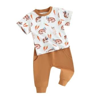 Copilul Băiat de Paști Tinutele Morcov Iepure Print cu Maneci Scurte T-Shirt Elastic Talie Pantaloni Lungi 2 buc Set Haine