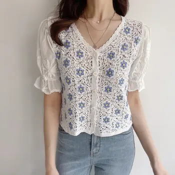 Coreea Moda Dulce Puff Maneca Broderie Dantelă Bluze Femei Casual De Vara Drăguț Button Up Shirt Femei Haine Ieftine En-Gros