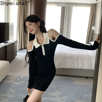 Coreeană de Moda cu Mâneci Lungi Rochie din Tricot pentru Femei Toamna Picant Fata Slim Fit de Pe Umăr Design Simți Înfășurat Hip Rochie