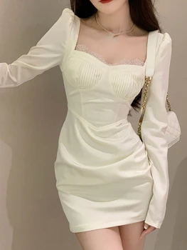 Dantela Satin Rochie Femei, Cu Maneci Lungi Casual Vintage Rochie Eleganta Chiar Partidul 2022 Toamna O Singură Bucată Rochie Coreeană Y2k Îmbrăcăminte