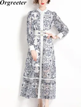 De lux de Imprimare de Moda Dantelă Lung Rochie Maxi Pentru Femei Primavara Toamna Lungă Felinar Mâneci Single-breatsed Centura de Partid Vestidos Robe