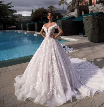 De lux Rochie de Bal Rochii de Mireasa 2024 Elegant de pe Umăr Aplicatii de Dantela Ruched Volane Rochii de Mireasa vestidos de noiva