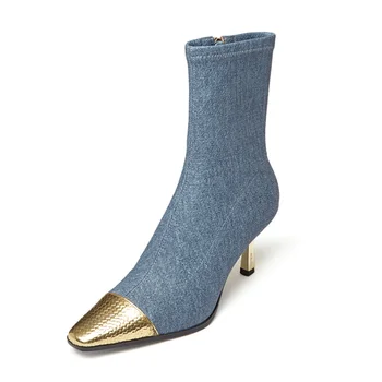 Denim Pentru Femei Cizme Pentru Femei 2023 Iarna De Lux, Sexy Stilettos Lady Blue Mic Deget De La Picior Pătrat Eleganta Toc Înalt Pantofi Femei Dropshopping