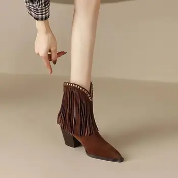 Doamna Cizme Pantofi De Iarna Pentru Femei De Lux De Designer Nituri Cizme-Femei 2023 Glezna Moda Cowboy Ascuțite Med Toc De Cauciuc