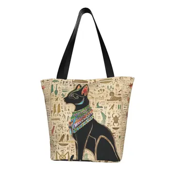 Drăguț Egiptean Antic Pisica Bastet Cumpărături Tote Pungi De Reciclare Hieroglife Alimentar Panza Umăr Geanta Shopper