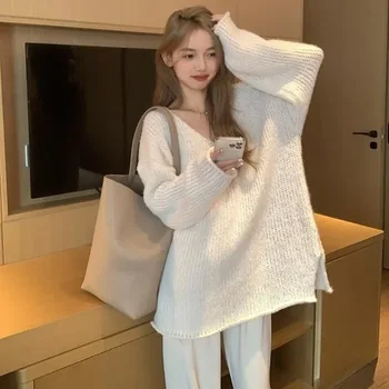 Epocă Pulover Femei De Primavara Toamna Coreean Maneca Lunga V-Gât Tricotate Pulovere De Moda Streetwear Nou Solid Casual Tricotaje