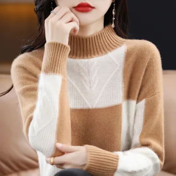 Erdos Orașul 100 Pură Cașmir Pulover tricotat pentru Femei Toamna Iarna Nou Sosire Culoare Bloc Pulover Vrac cu o Jumătate de Guler