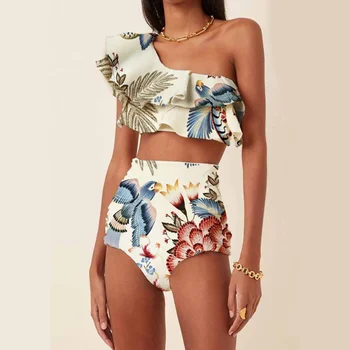 Femei costum de Baie 2023 Vintage Unul-Umăr Pasăre, Floare de Imprimare pereche de Bikini Set Bikini Set Costum de Baie Beachwear