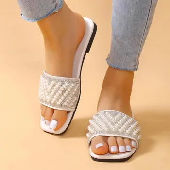 Femei de Moda de Vară Cristal Sandale Stras sandale Pantofi de Designer Pătrat Papuci de Alunecare pe 2023 Plaja Doamnelor Slide-uri de Interior
