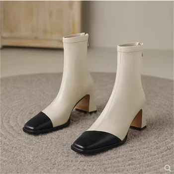 Femei negru Glezna Cizme Femeie Toc Subțire de Mare de Moda a Subliniat Toe Fermoar de Iarnă Pantofi pentru Femei din Piele Alb Scurt Papuceii