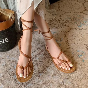 Femei Sandale de Vară 2024 Curea Glezna Flip Flops Plat Pantofi de Plaja Doamnelor Bohemia Casual Dantela-up Gladiator Sandalias Mujer