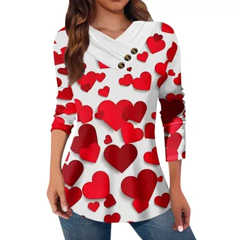 Femei Top Casual Buton de Guler de Camasa cu Maneca Lunga Ziua Îndrăgostiților de Imprimare de Moda de Potrivire Tricou Tricou Femei de Moda Bluza