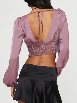 Femei Vara Sexy Trunchiate Topuri cu Maneci Lungi Gât Adânc V Plasă de Dantelă Mozaic Satin Y2K Slim Fit Tricou Violet