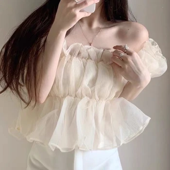 Femeie Dulce Scurt Manșon De Puf De Pe Umăr Bluze 2023 Vară De Moda Coreeană Stil Sifon Tricouri Noi Topuri Sexy Blusas 26856