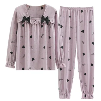 Femeii Sleepwear Pijamale de Bumbac Set Drăguț Arc Dulce Stil Pijama Mâneci Lungi Topuri +Pantaloni de Iarnă Caldă Homewear Pijama pentru Femei