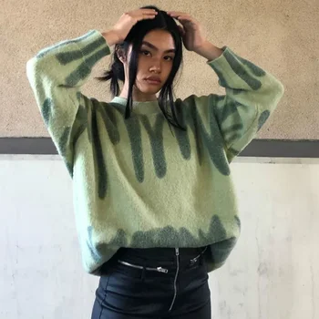 Femeile Coreea Verde Dezbrăcat Pulover Kawaii Verde Cu Dungi De Imprimare Pulover De Iarna O-Gât Vrac Maneca Lunga Streetwear Îmbrăcăminte Exterioară Cald