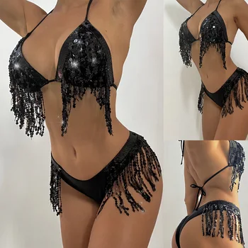 Fierbinte, sexy costume de baie pentru femei black sequin ciucure bikini bal rochie de petrecere