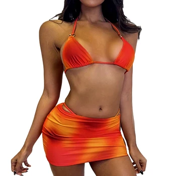 FS 2022 Tie Dye Micro Set de Bikini Tanga, Costume de Baie 3 Piese de Costume de baie Femei Doamnelor Costume de baie Cu Fuste Inel Halter Lace Up
