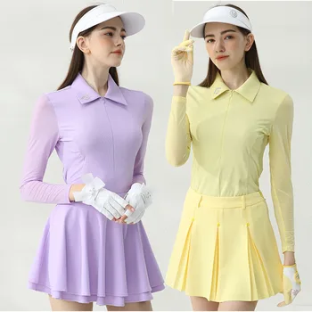 Golfist cu mâneci Lungi Matase de Gheață Tricouri de Golf cu Fermoar Rever Guler de protecție Solară Bluze Bluza Lady Fusta Plisata Golf Femei fustele-pantalon, Costume