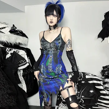 Goth Femei de Moda Rochie de Non-maneca Imprimare Mozaic V-gât Stil Gotic, Punk Sexy Lady Suspensor Rochie Pentru Toamna anului 2023