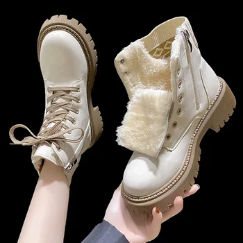 Gros de Pluș PU Piele Glezna Cizme pentru Femei 2023 Cald Iarna Tocuri Plat Bumbac Căptușit Pantofi de Femeie Non Alunecare Platforma Botas Mujer